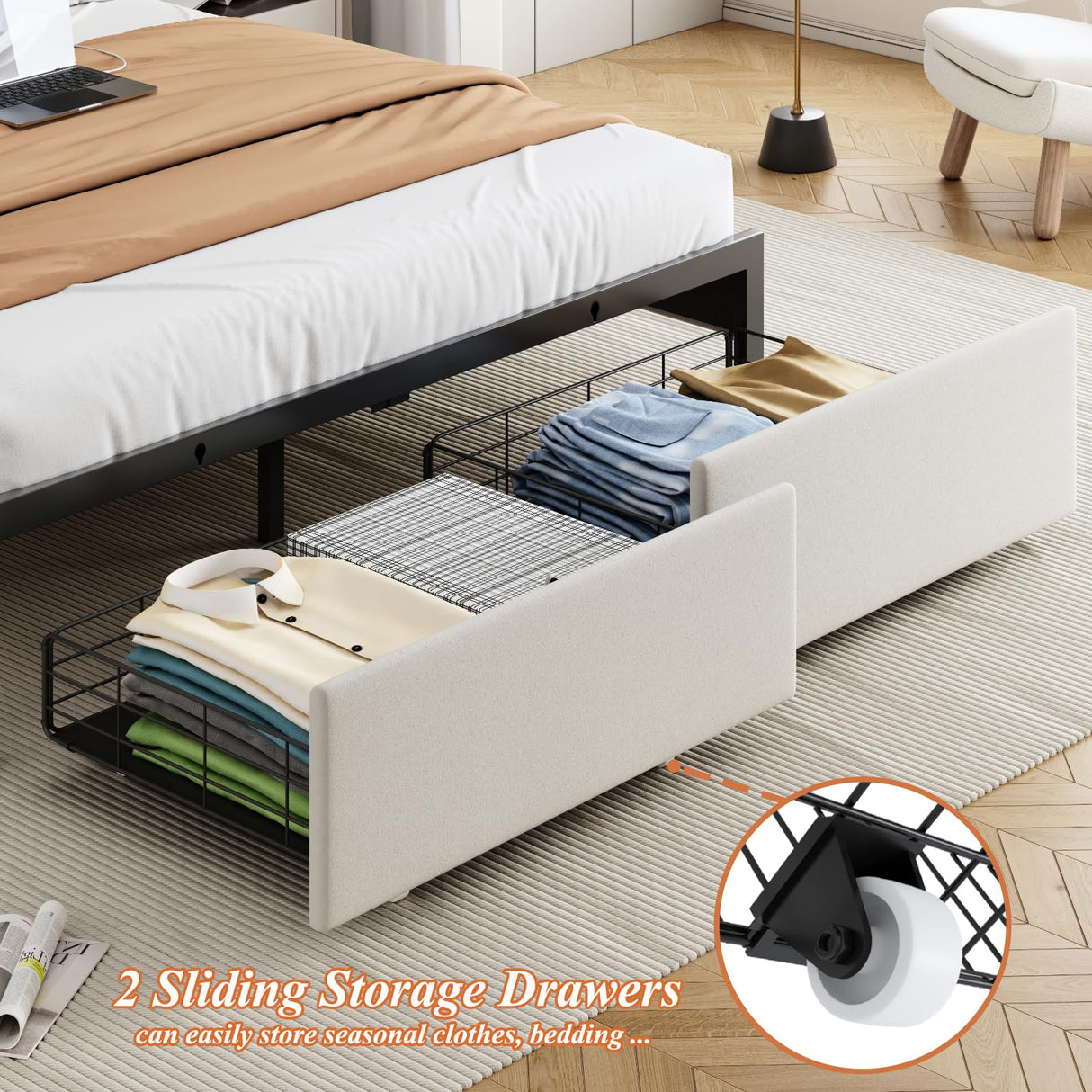 Queen Bed Frame with Storage Headboard and 2 Drawers, Upholstered Button Tufted Platform Bed Frame Queen Size with LED Lights, Charging Station, No Box Spring Needed, Noise Free, Easy Assembly, Beige TIGUBFRE