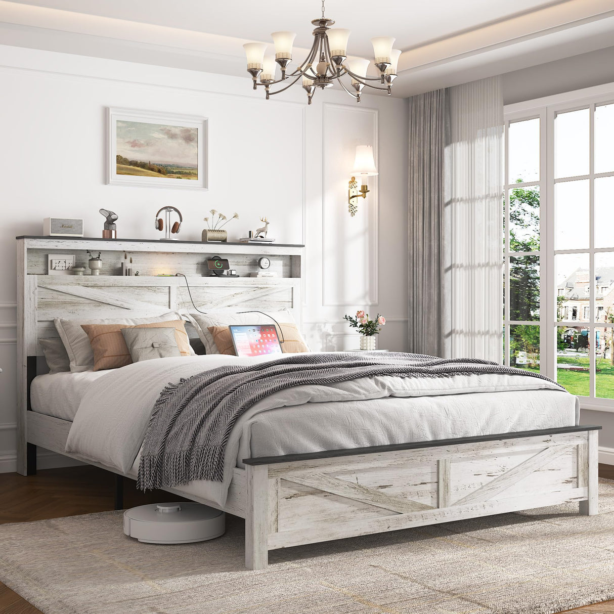 madeslves Farmhouse Wooden Bed Frame Queen Size with Storage Headboard, Boho Platform Bedframe with LED Lights and Charging Station, Metal Slats Support, No Box Spring Needed, White madeslves