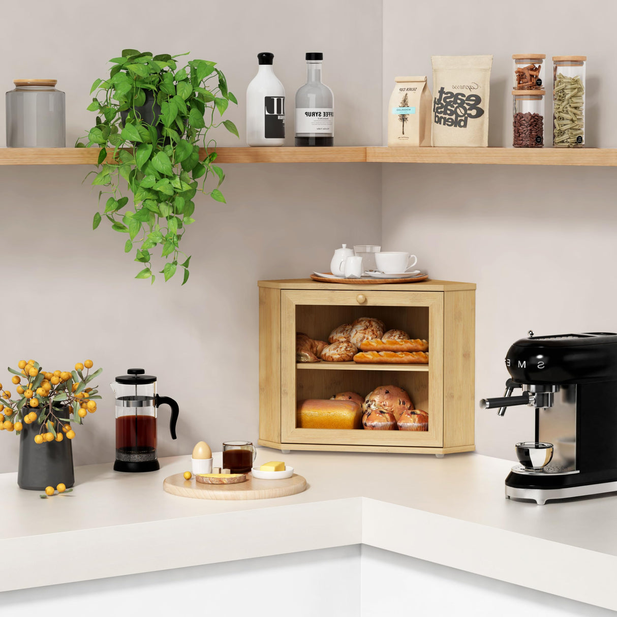 Goozii Bamboo Corner Bread Box for Kitchen Counter, 2 Tier Bread Keeper Wooden Round, Farmhouse Bread Storage Bin for Kitchen Countertop, Counter Organizer for Bread, Cup, Fruit, Spice, Snack Goozii