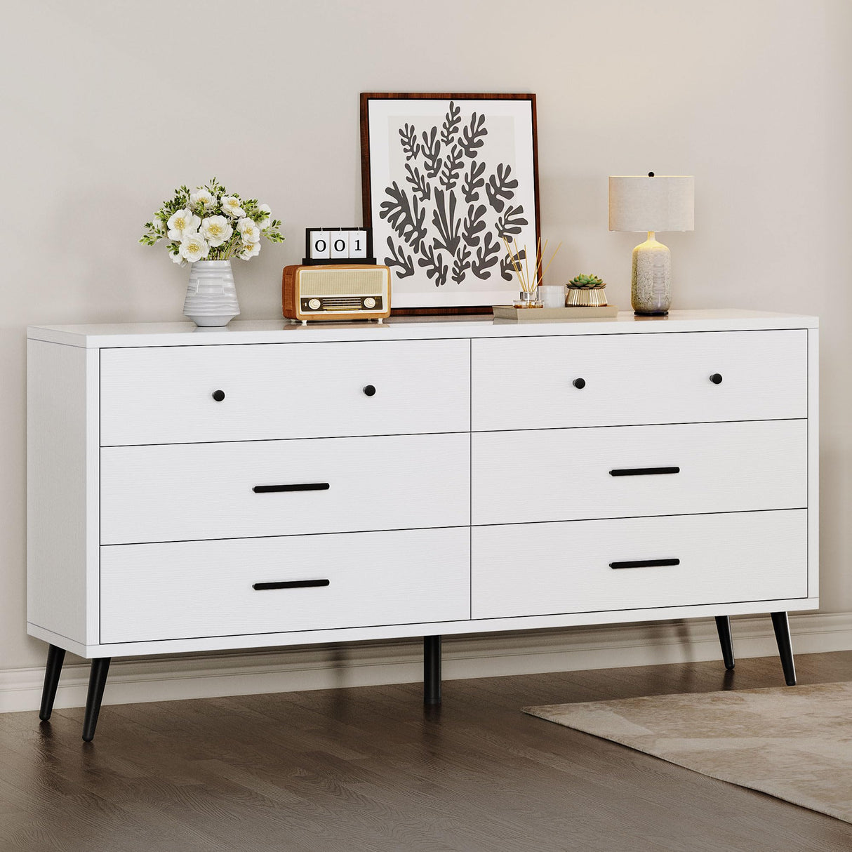DWVO White 6 Drawers Dresser/Modern Wood Dresser Chest of Drawers with Black Metal Handle&Anti-Tipping Device/Modern Double Storage Cabinet for Entryway/Living Room-15.7" Dx55.1 Wx31.1 H DWVO