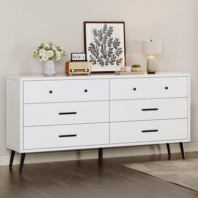 DWVO White 6 Drawers Dresser/Modern Wood Dresser Chest of Drawers with Black Metal Handle&Anti-Tipping Device/Modern Double Storage Cabinet for Entryway/Living Room-15.7" Dx55.1 Wx31.1 H