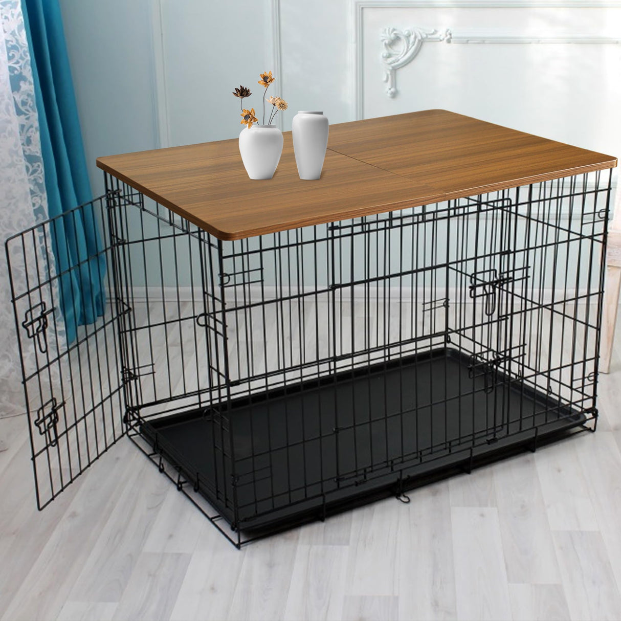 HiCaptain Foldable Dog Crate Table Topper, 48 inches Wooden Dog Kennel Table Topper, Durable Decorative Dog Kennel Table Topper for Large Dogs - Rustic Style HiCaptain