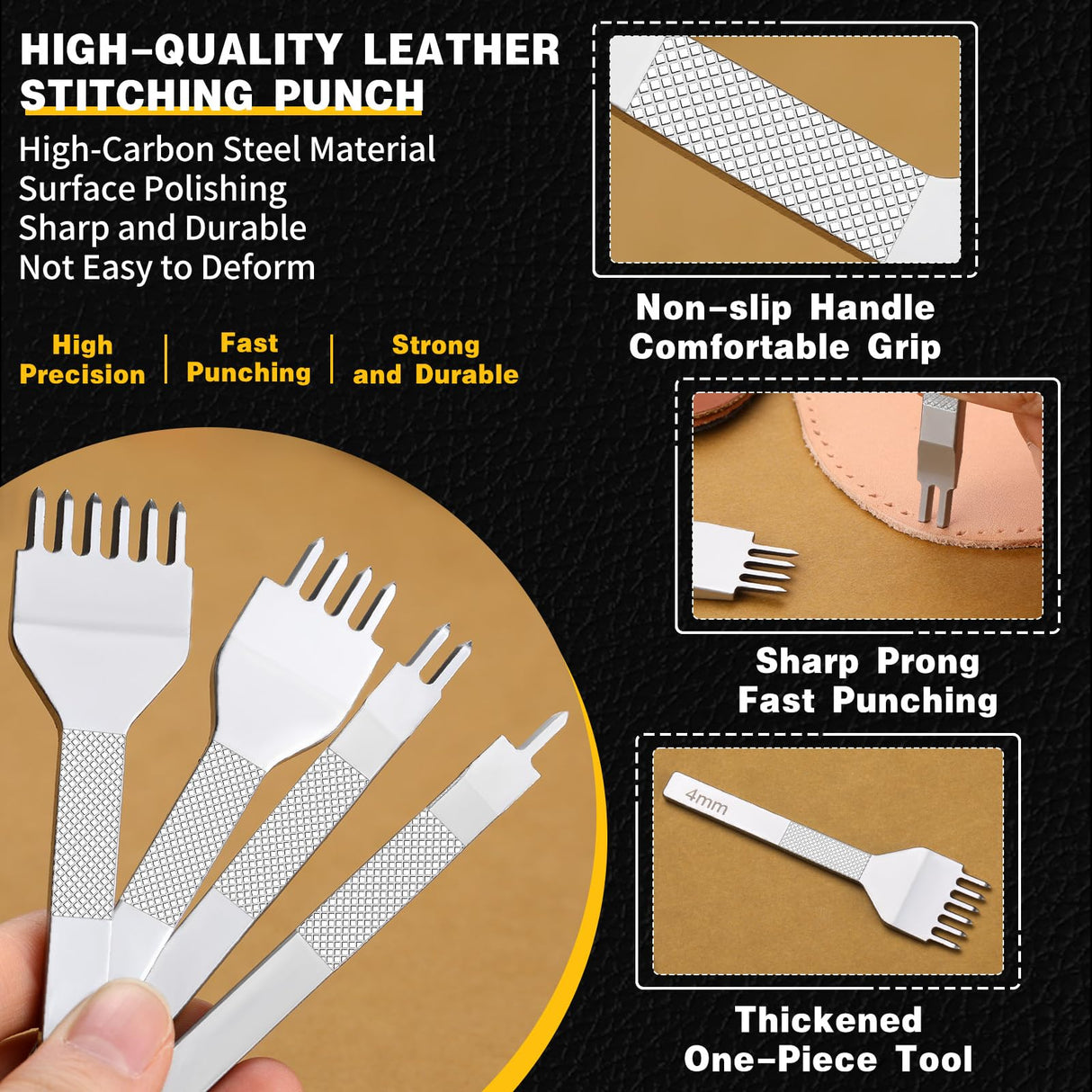 Leather Stitching Punch Leather Hole Punch Tool Set, 4mm 1/2/4/6 Prong Punch Leather Chisel, Round Leather Hole Punch for Leather Belt, Watch Band, Leather Strap DIY Leather Crafts MORFEN