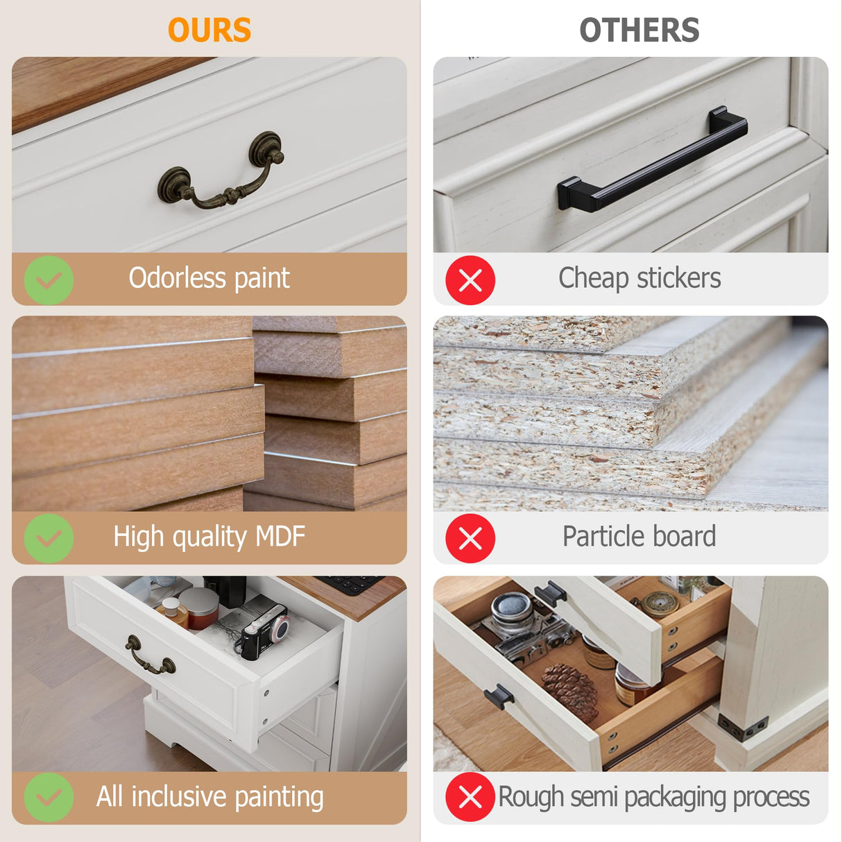 HOPUBUY 22" Farmhouse Nightstand Set of 2 with Charging Station, Wood Night Stand with Antique Handles, 3 Drawer Night Stand Tall Nightstand for Bedroom, Off White and Brown Top HOPUBUY