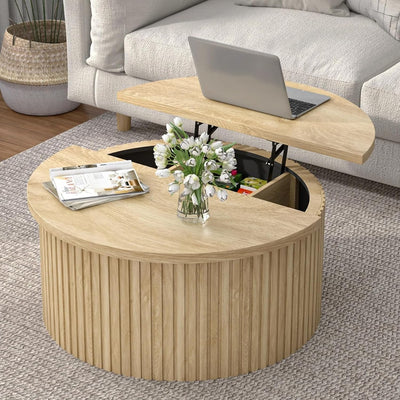 Fsbecl Round Lift Top Coffee Table with Hidden Storage, 31.6 Inch Modern Coffee Tables for Living Room, Circle Wood Fluted Center Tables Dining Table for Home, Office (Wood Color)
