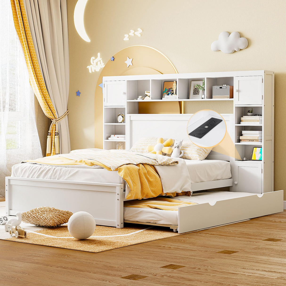 Queen Storage Bed with Bookcase Headboard, Queen Size Platform Bed with Trundle and 2 Storage Drawers, Solid Wood Queen Size Bed Frame with Cabinet and Shelf, No Box Spring Needed (White) Harper & Bright Designs