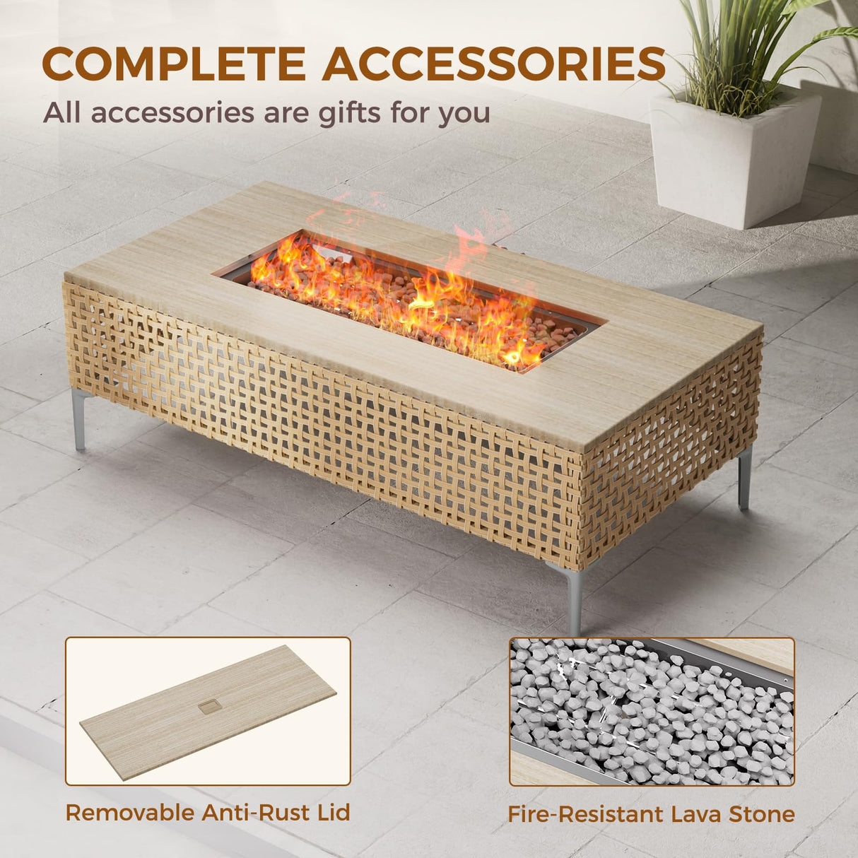 Grand patio 9-Piece Patio Furniture Set with 47" Fire Pit Table, Outdoor Conversation Set & 50,000 BTU 47 Inch Rectangle Propane Fire Pit & Storage Box with Water Resistant Thick Cushions, Cream Grand patio