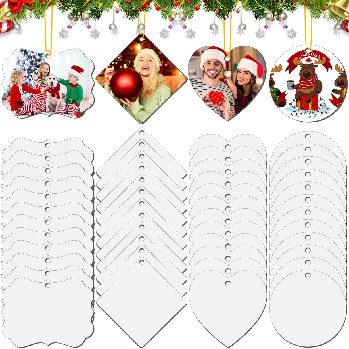 Jenaai 48 Pcs Sublimation Ornament Blanks 2.95 Inch Christmas Double Sided Sublimation Blank Pendants with Rope MDF Heat Transfer Disc Blanks for Party Xmas Tree Decorations and DIY Crafts, 4 Shapes Jenaai