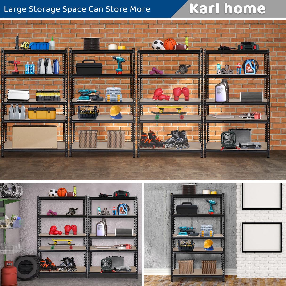 Karl home 5 Tier Metal Garage Shelves, Adjustable Shelf for Storage Heavy Duty, Wide-Size Shelves Organization for Garage Pantry Basement Kitchen, 2000lbs,43.3" L x 17.7" W x 70.9" H, Black Karl home