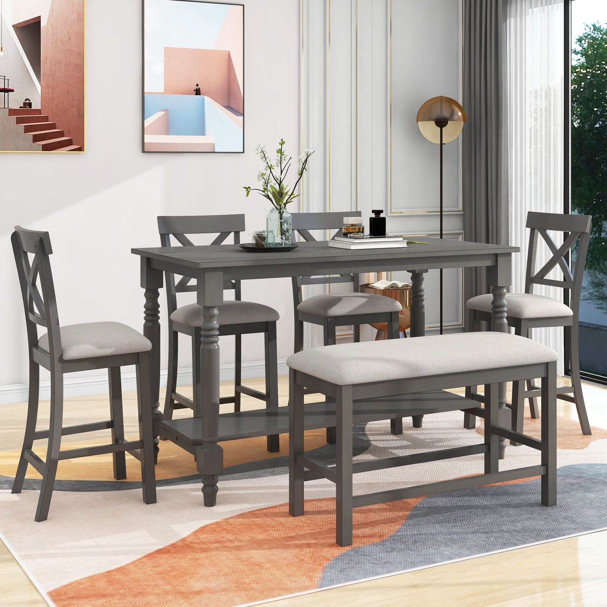 Bellemave Kitchen Dining Table Set for 6, Counter Height Dining Table with Shelf, 4 Chairs and Bench, 6 Piece Wood Rectangular Dining Room Set, Easy Assembly (Gray) Bellemave