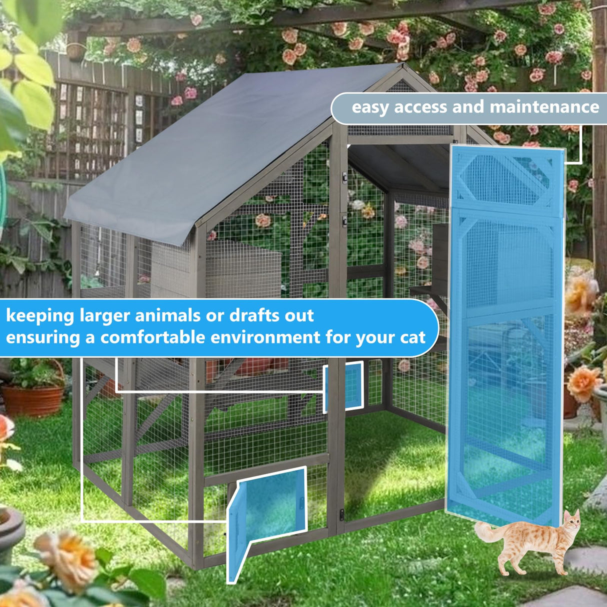 Gowoodhut 69.9"L Catio Outdoor Cat Enclosure for Multiple Cats,Wooden Walk In Cats Shelter Kitty Enclosure with 2 Resting Boxes,6 Platform,2 Middle Platform,Kitty Kennel with Weatherproof Cover(GREY) Gowoodhut