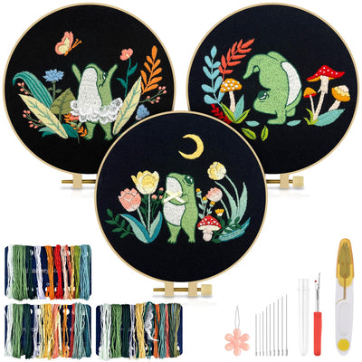 TINDTOP 3 Sets Embroidery Kit for Adults, Frog Embroidery Practice Kit for Beginners Include Embroidery Cloth Hoops Threads for Craft Lover Hand Stitch with Embroidery Skill Techniques