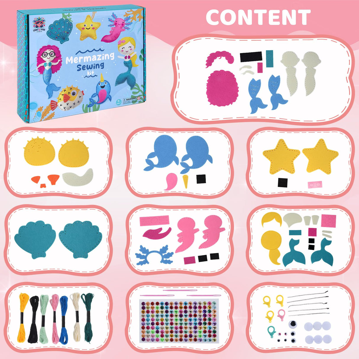 SPROUT & SPARK STUDIO Sewing Kit for Kids Ages 5+ | Crafts Toys for Girls with 7 Easy Felt Projects | Beginner Crochet & Knitting Starter Set | Mermaid Stuffed Dolls, Play & Learn DIY Art SPROUT & SPARK STUDIO