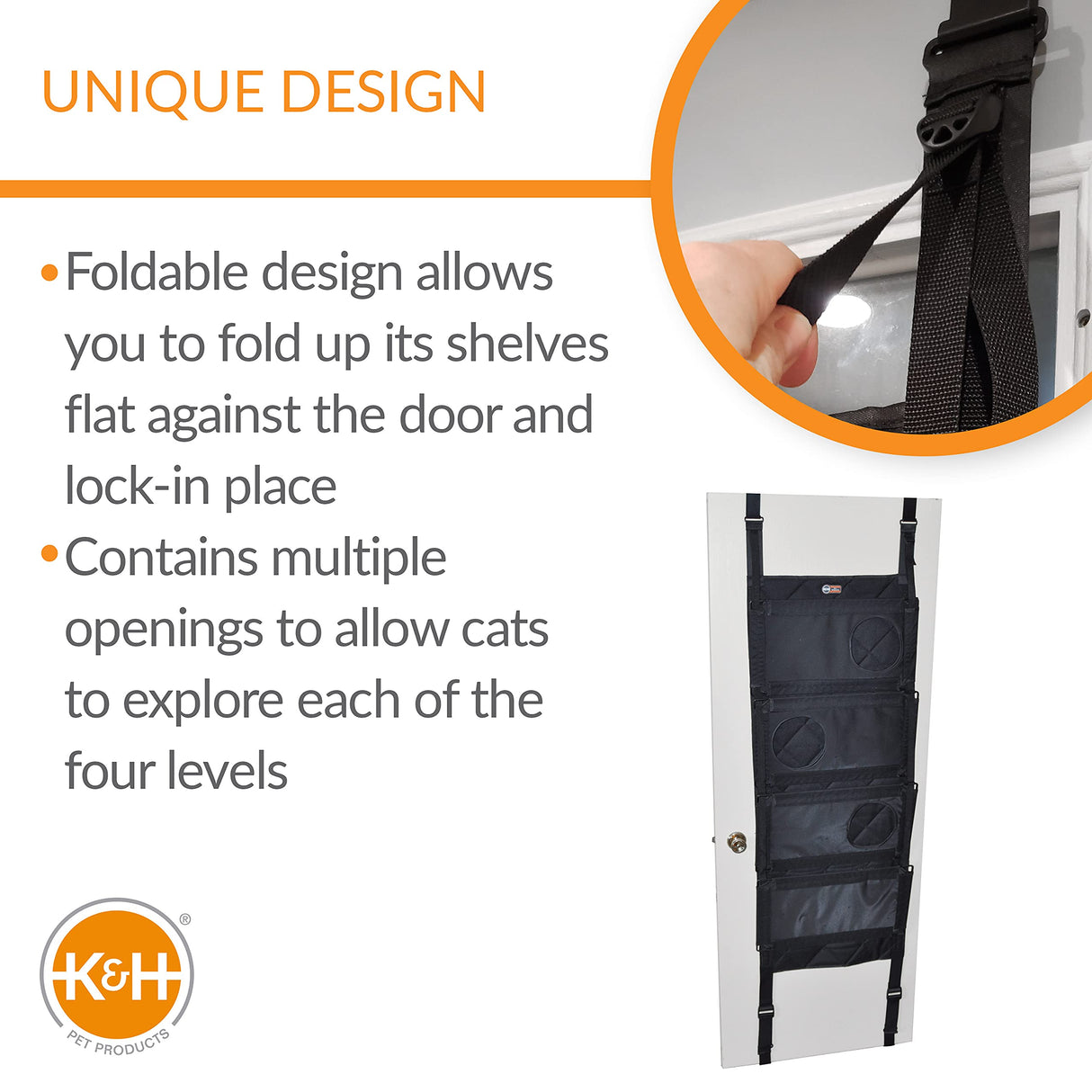K&H Pet Products Hangin Cat Tree Door Mounted Cat Furniture, Space Saving Multi-Level Wall Perch Hammock Bed, Interconnecting Levels, Collapsible, Tool-Free Assembly - Gray - Fits Doors <80in H K&H Pet Products