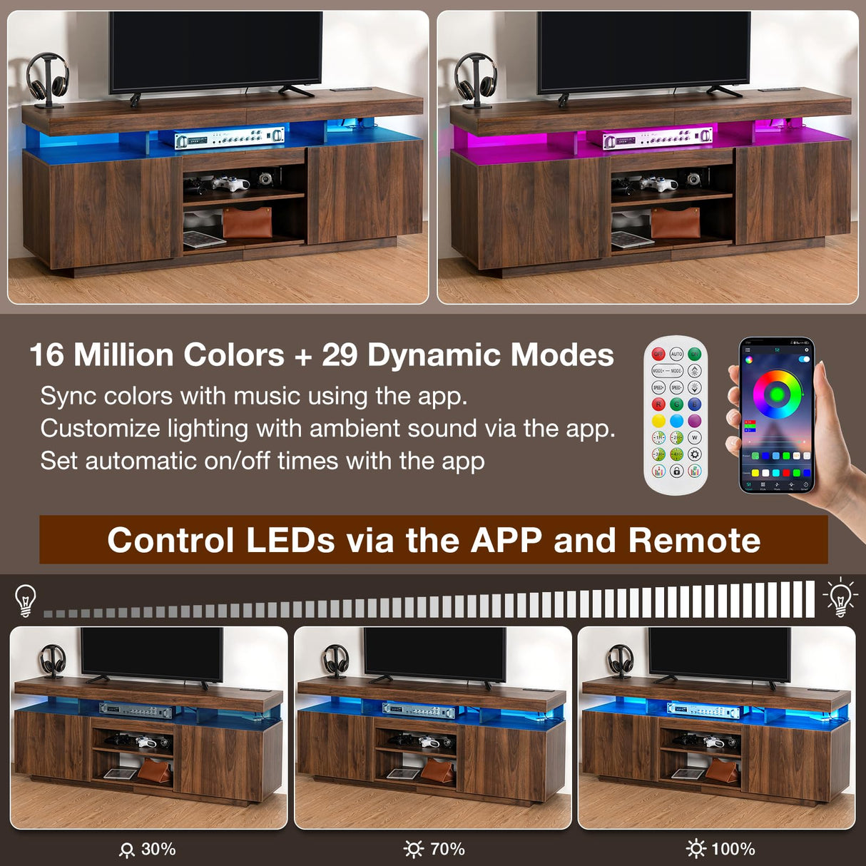 HOMMPA LED TV Stand with Power Outlets for up to 70" TV Modern Entertainment Center with Storage, Gaming TV Consoles with LED Lights Game Cabinet for Living Room Walnut HOMMPA