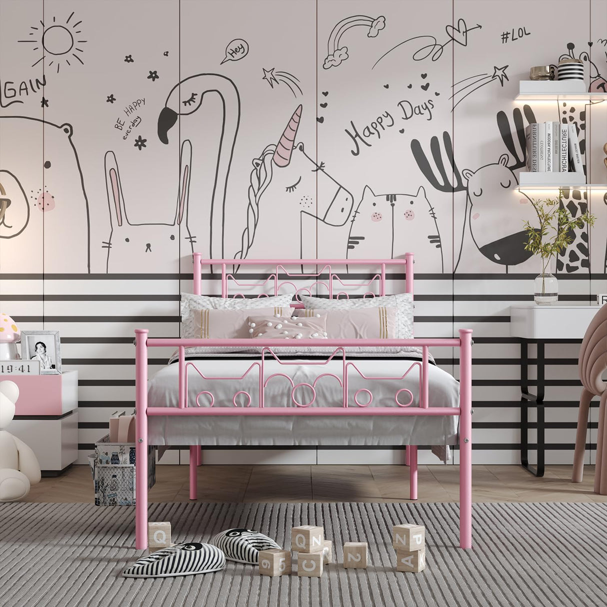Newest Kitty Design Twin Bed Frames with Bedside Storage Caddy for Girls Metal Platform Twin Size Mattress Foundation Single Beds with Headboard Pink SENLOO