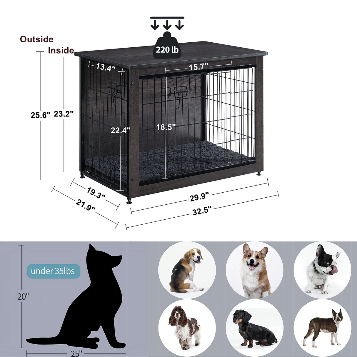 DWANTON Dog Crate Furniture with Cushion, Medium Wooden Dog Crate with Double Doors, Dog Furniture, Indoor Dog Kennel, End Table, Medium, 32.5" L, Dark Grey Dwanton