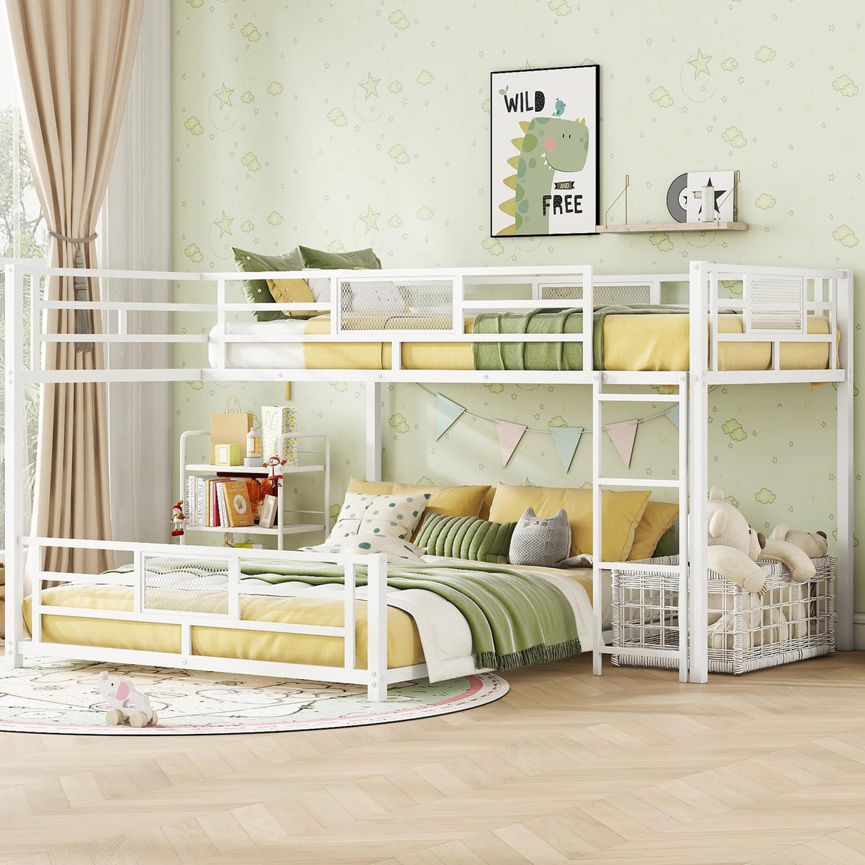 Heavy Duty Bunk Beds Twin Over Full Size, L-Shaped Bunk Bed with Full Length Guardrail and Ladder, Twin Over Full Bunk Bed on Box Spring Needed, White Bunk Bed Twin Over Full Bellemave