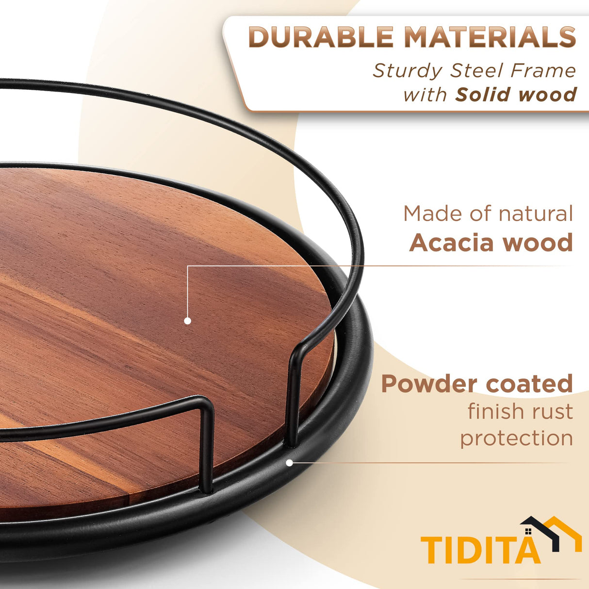 TIDITA 13" Acacia Wood Lazy Susan Turntable with Metal Frame for Table Top - Wooden Serving Tray Rotating for Kitchen Counter - Centerpiece Organizer Storage Food Bin Container for Pantry, Fridge Tidita