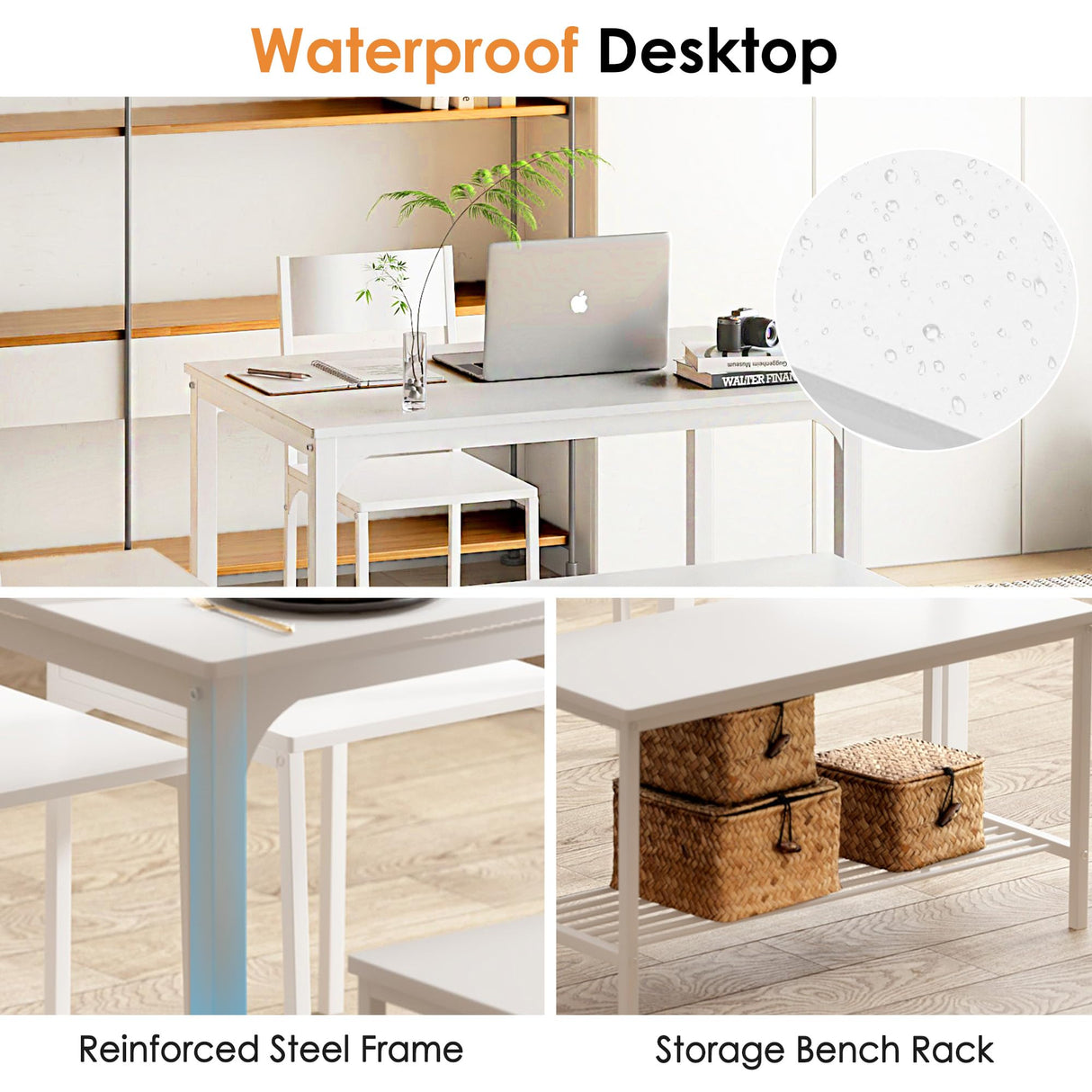 sogesfurniture Modern 4-Piece Kitchen Dining Table Set with 1 Bench and 2 Chairs, Kitchen Bench Table Set for 4, Wooden Kitchen Table and Chairs for Limited Space,White sogesfurniture