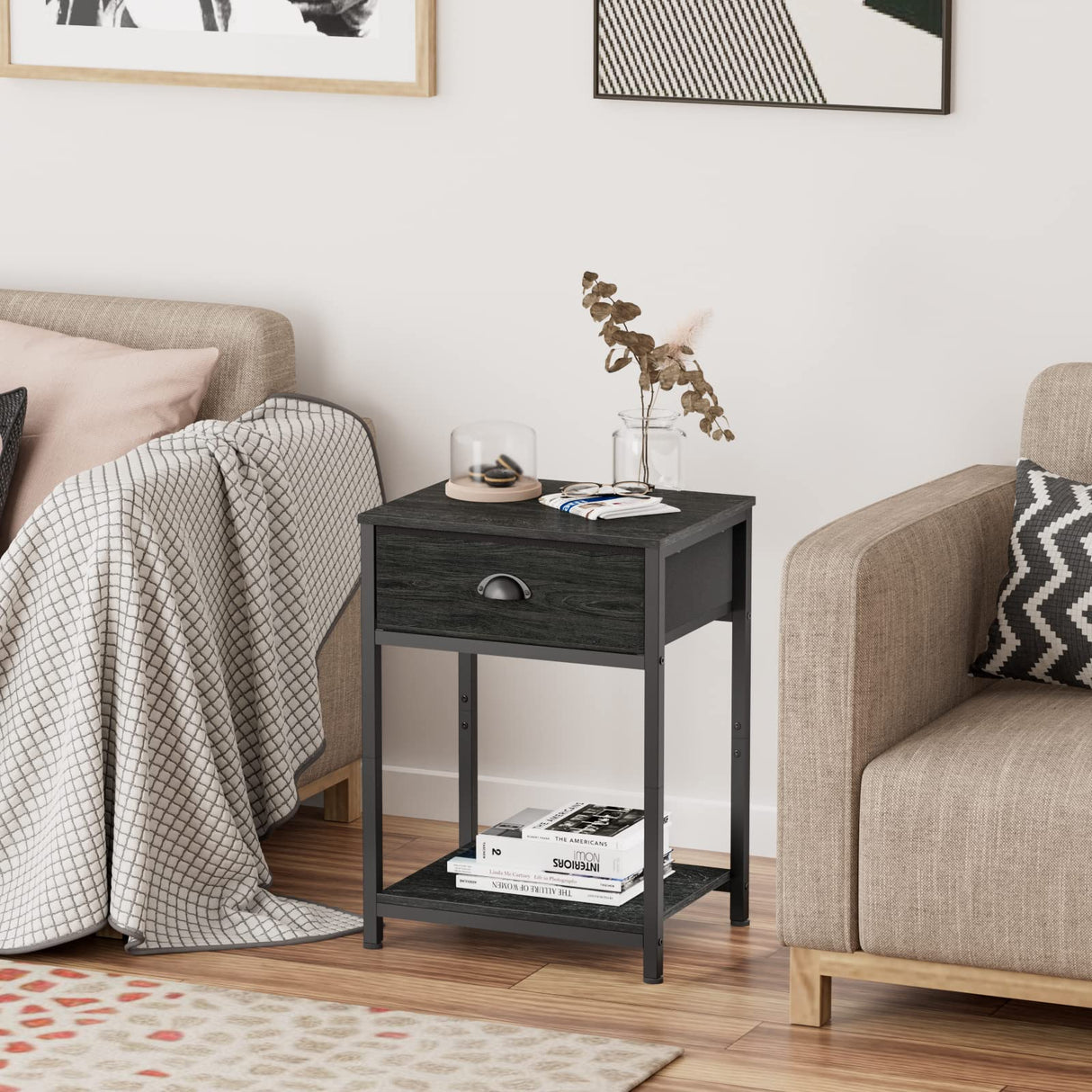 Furologee Nightstand with Fabric Drawer & Storage Shelf, Small Bedside Table Organizer for Small Space, 2 Tiers Industrial End Table, Side Table for Living Room, Bedroom, Black Oak Furologee