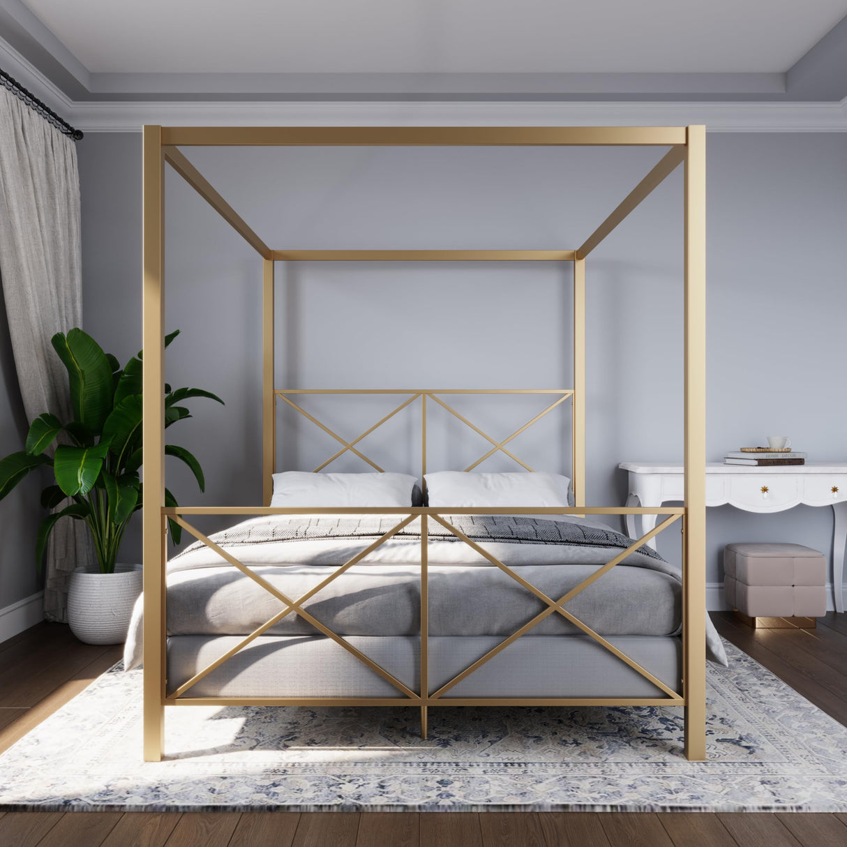 DHP Rosedale Metal Canopy Bed Frame with Four Poster Design and Geometric Accented Headboard and Footboard, Underbed Storage Space, Queen, Gold DHP
