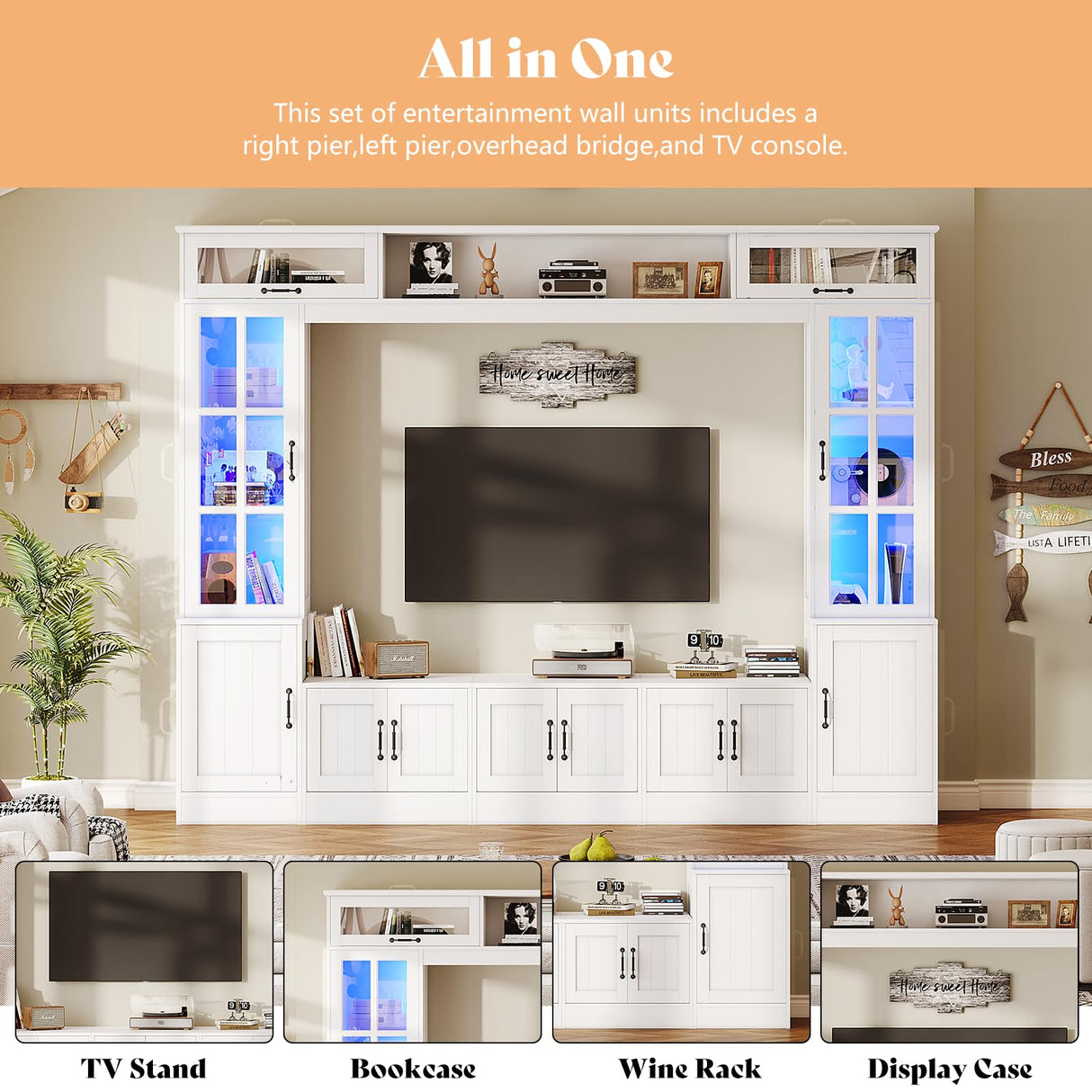 AMERLIFE 98" W Wall Unit TV Stand with Storage for TVs up to 80", Modern TV Console with LED Lights, Entertainment Center with Bookshelves for Living Room, White AMERLIFE