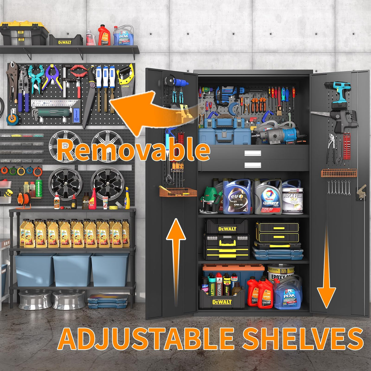 Metal Storage Cabinet with Doors & Adjustable Shelves, 72 Inch Black Lockable Garage Cabinet with Wheels & Drawers & Pegboard for Office, Gym, Basement, Warehouse basenji