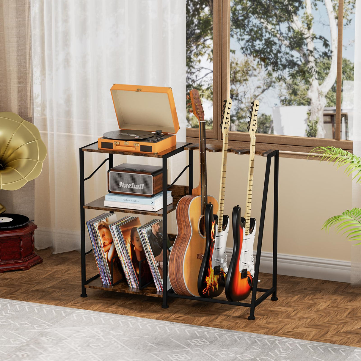Hosfais Record Player Stand, 3 Tier Guitar Stand for Acoustic, Electric Guitar, Bass Stand, Vinyl Record Storage Up to 200 Albums, Brown Records Shelf for Living Room Bedroom Hosfais