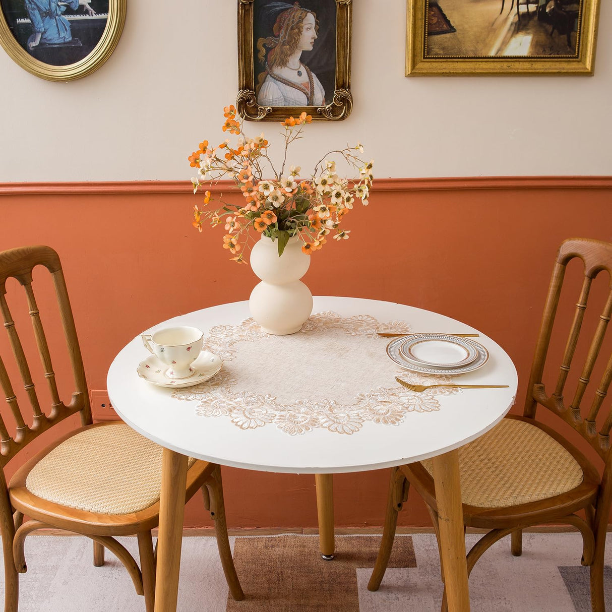 European Antique Jacquard Lace Table Doilies,Small Farmhouse Linen Embroidered Table Topper Scarf Place Mat RusticTable Cover (Flower Shape, Diameter 23.5Inch) VIRFONOR