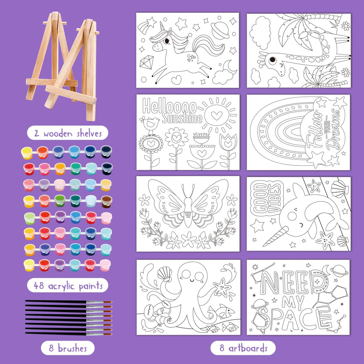 8 Packs 5x7 Pre Drawn Canvas Set,Paint by Numbers for Kids,48 Paints 8 Brushes 2 Easels,Pre-Printed Acrylic Oil Painting Kit Ages 8-12 9-12 4-8 goldentime