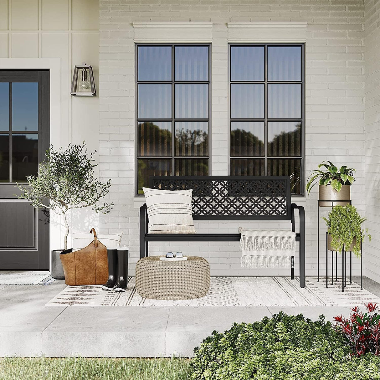 Grand patio 50" Outdoor Bench, Garden Benches with Anti-Rust Metal Powder Coated Frame, Patio Bench for Front Porch Park Outside Furniture Decor, Black Grand patio