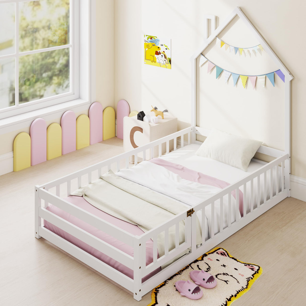 GORELAX Twin Floor Bed, Montessori House Bed, Floor Kid House Bed Frame with Fence, No Box Spring Needed, Wood Twin Size Platform Bed Frame for Boys, Girls (White) GORELAX