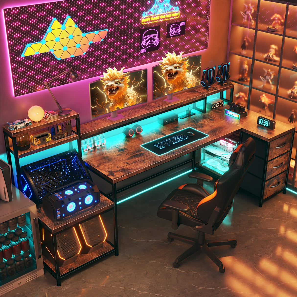 EnHomee 70.9" L Shaped Gaming Desk with Drawers Reversible L Shaped Computer Desk with Power Outlet & LED Lights Home Office Desk with Storage Shelves and Monitor Stand Corner Desk, Rustic Brown EnHomee