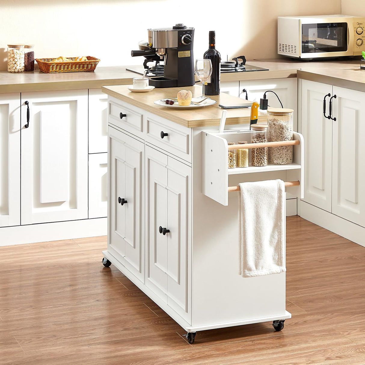 ONBRILL 58" Mobile Kitchen Island, Kitchen Island Cart with Power Outlet, Island Table for Kitchen, Home Bar Carts with Storage, Kitchen Rolling Island with Spice Rack & Towel Rack & Knife Holder ONBRILL