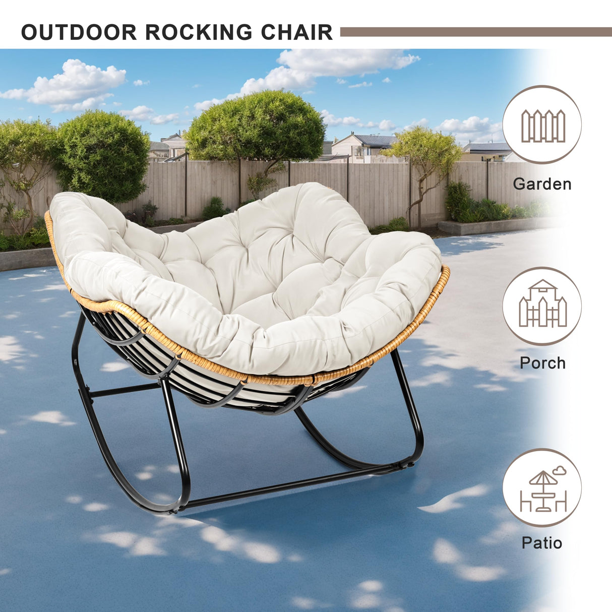 knocetx Rocking Egg Chair, Outdoor Rocking Chair with Thick Cushion, Modern Indoor Outdoor Papasan Rocking Chair, Lounge Rocker for Balcony, Living Room, Bedroom, Porch, Patio, Lawn, Garden (Ivory) knocetx