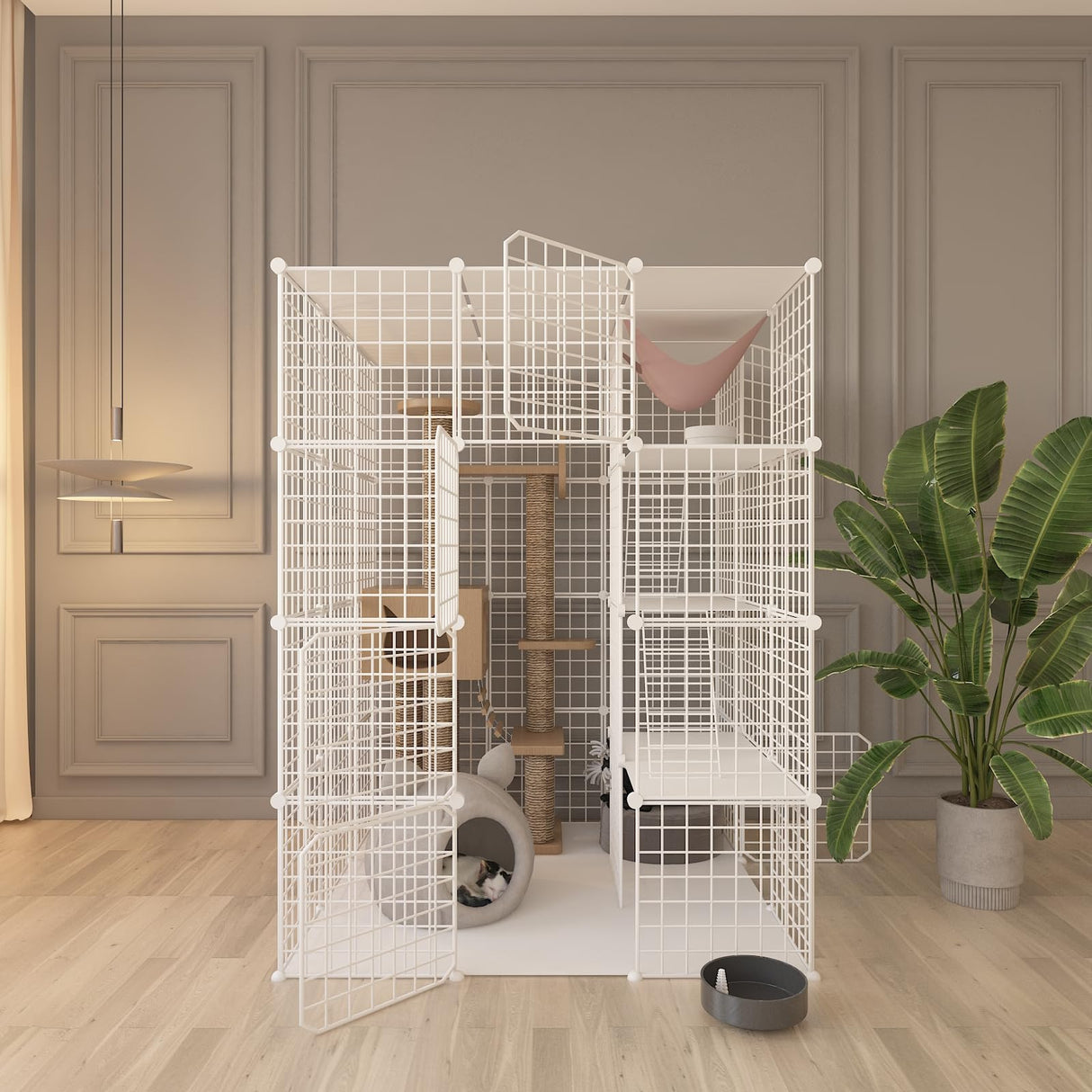 Indoor Cat Cage Enclosure DIY,Cat Playpen Catio Thick Metal Wire Kennels for 1-3 Cats Kitten Cage Detachable Patio Cat Crate (White, 41" L x 41" W x 55" H) Leptzoa