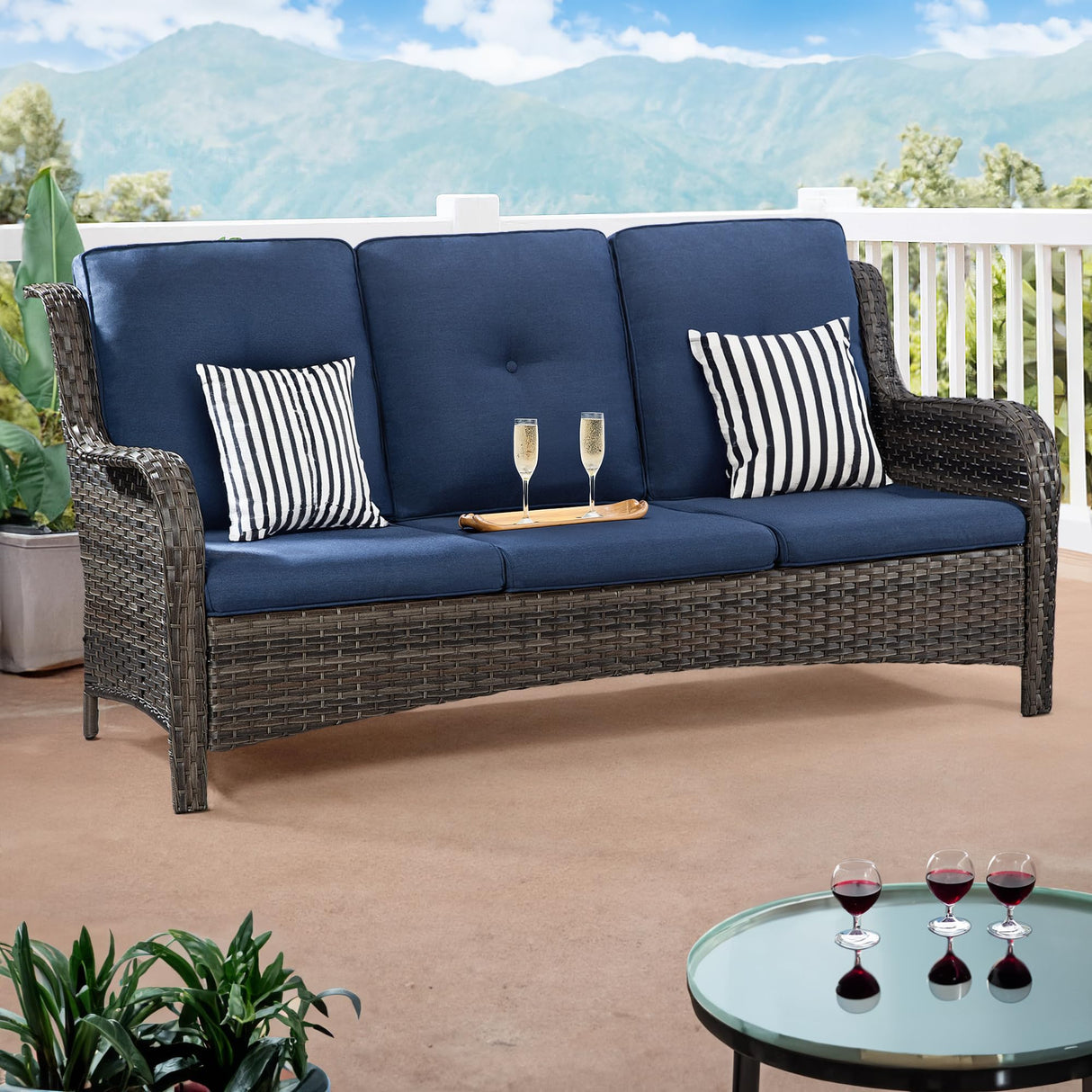 Joyside Outdoor Patio Couch Wicker Sofa - 3 Seater Rattan Sofa for Outside Patio Garden with Deep Seating and Olefin Cushions(Mixed Grey/Blue) Joyside