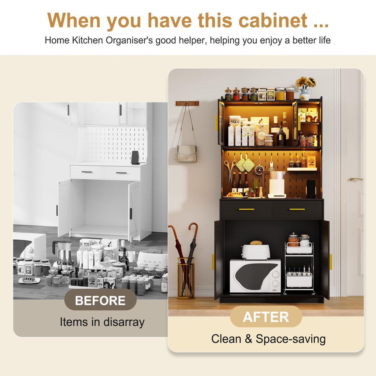 MDGC LED Kitchen Pantry Cabinet with Outlets, Farmhouse Storage Cabinet with Drawers & Adjustable Shelves, 64" Tall Cupboard with Pegboard & Hooks for Dining Room (Black) MDGC