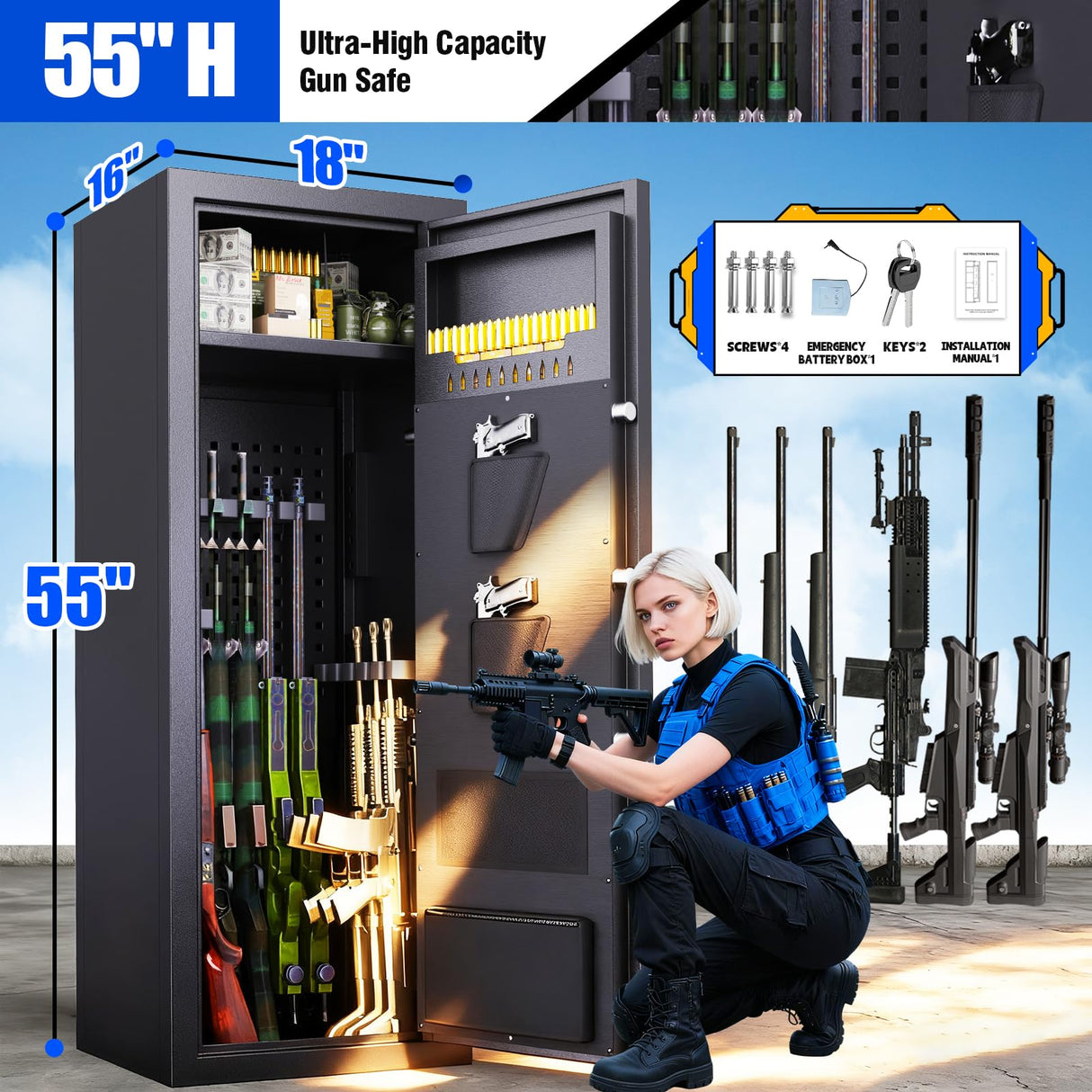 15-18 Gun Safe for Rifles and Pistols,Biometric Fingerprint Lock,Quick-access Biometric Gun Cabinet,Rifle Safe with Removable Shelf, Home Gun Locker Quick install (15.7" D x 17.7" W x 55" H) ZZXCBB