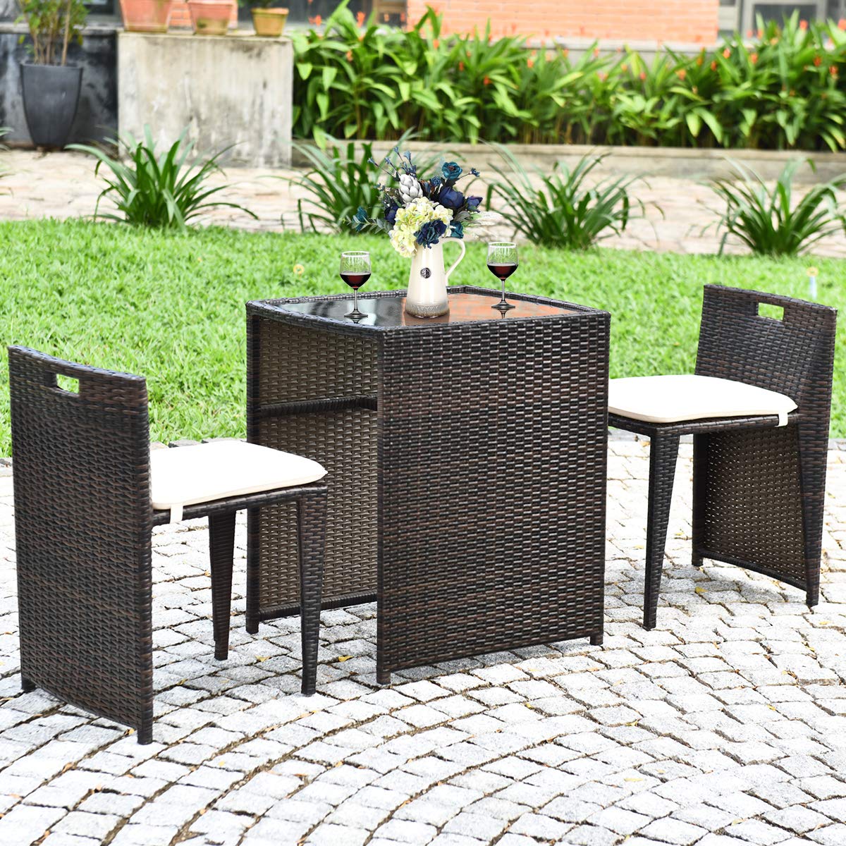 Tangkula 3 Piece Outdoor Rattan Dining Set, No Assembly Patio Bistro Set with Tempered Glass Table, Space Saving Patio Wicker Cushioned Chair Furniture Set for Courtyard, Balcony, Garden (Brown) Tangkula
