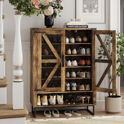 Maupvit Farmhouse Shoe Cabinet with Doors, 6-Tier Shoes Rack Shoe Storage Organizer with Adjustable Shelves & Metal Legs, Rustic Shoe Storage Cabinet for Entryway, Hallway, Closet, Living Room
