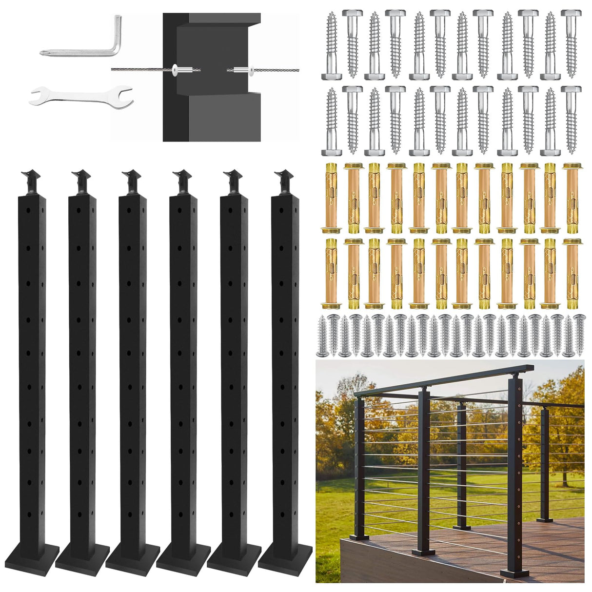 VEVIVOOVY Stainless Steel Cable Railing Post 36"(Post 34"x2"x2"),Level Drilled Railing Post with Adjustable Top Mount Cable Handrail Post,DIY Black Railing Post for Decks,Porchs,Balconies -6Pack VEVIVOOVY