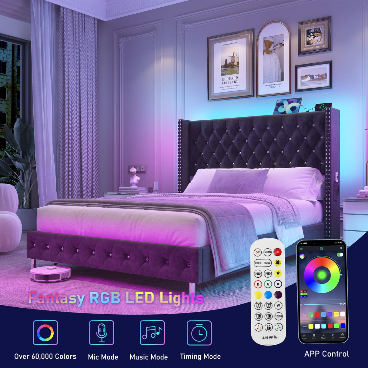 Hlivelood Queen LED Upholstered Bed Frame with Wingback Headboard, Velvet Diamond Button Tufted Bed Frame w/USB&Type-C Ports, Pocket and LED Lights, Wood Slats Support, No Box Spring Needed, Dark Grey Hlivelood