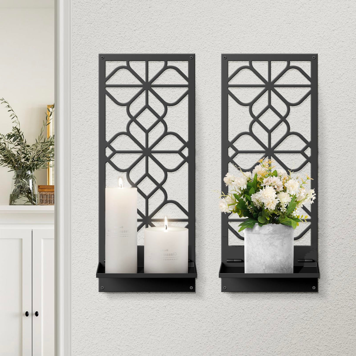 Black Metal Wall Decor, Minimalist Retro Wall Art, Wall Candle Holder, Farmhouse Rustic Bathroom Wall Art, Aesthetics Wall Hanging for Living Room Bedroom Bathroom (2 Pack, 16.5 x 7 in) Sokurdeg
