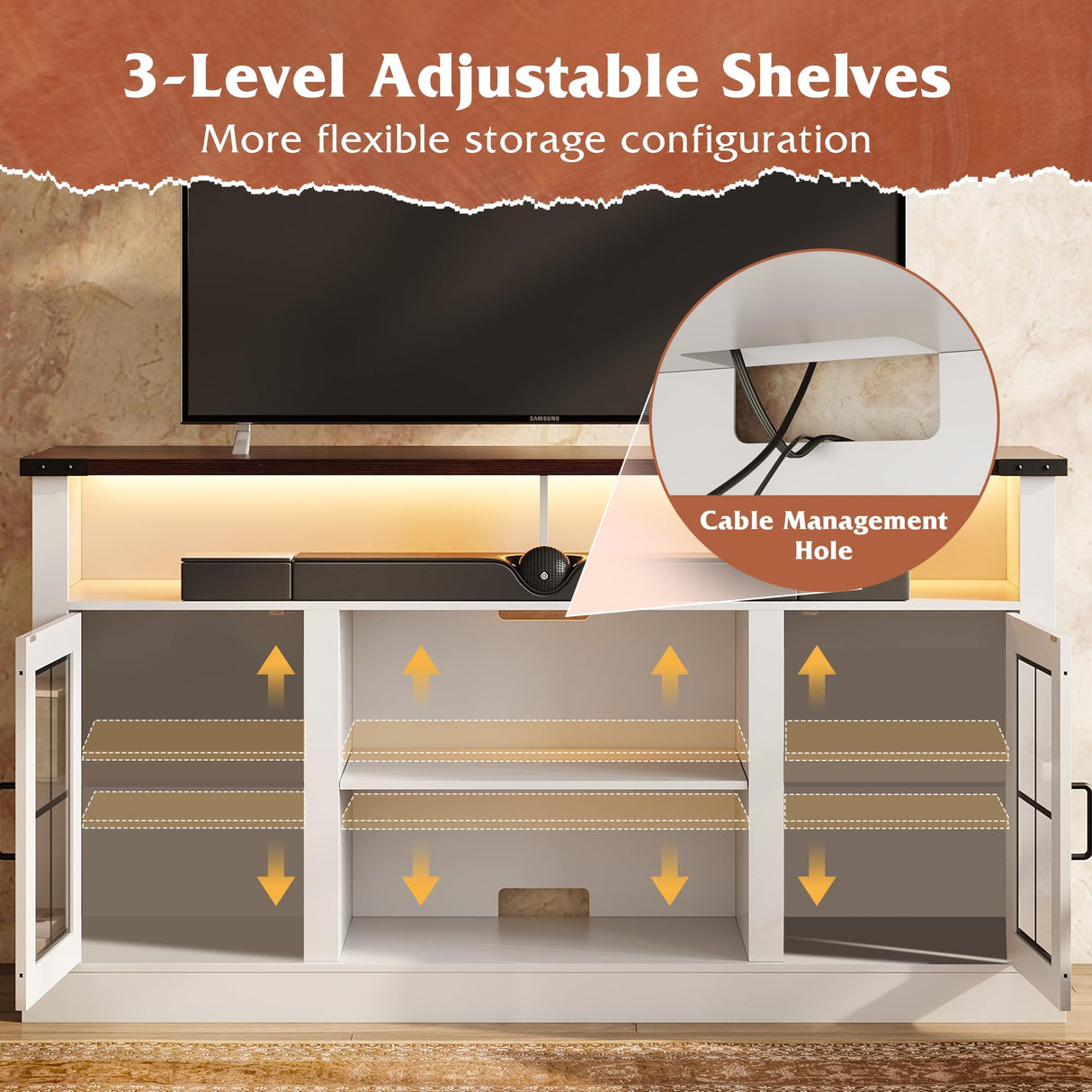 WLIVE Farmhouse TV Stand for 65 Inch TV, Tall Entertainment Center with LED Lights, Mid Century Modern TV Console wirh Open Shelves and Glass Cabinet Doors for Living Room and Bedroom, White WLIVE