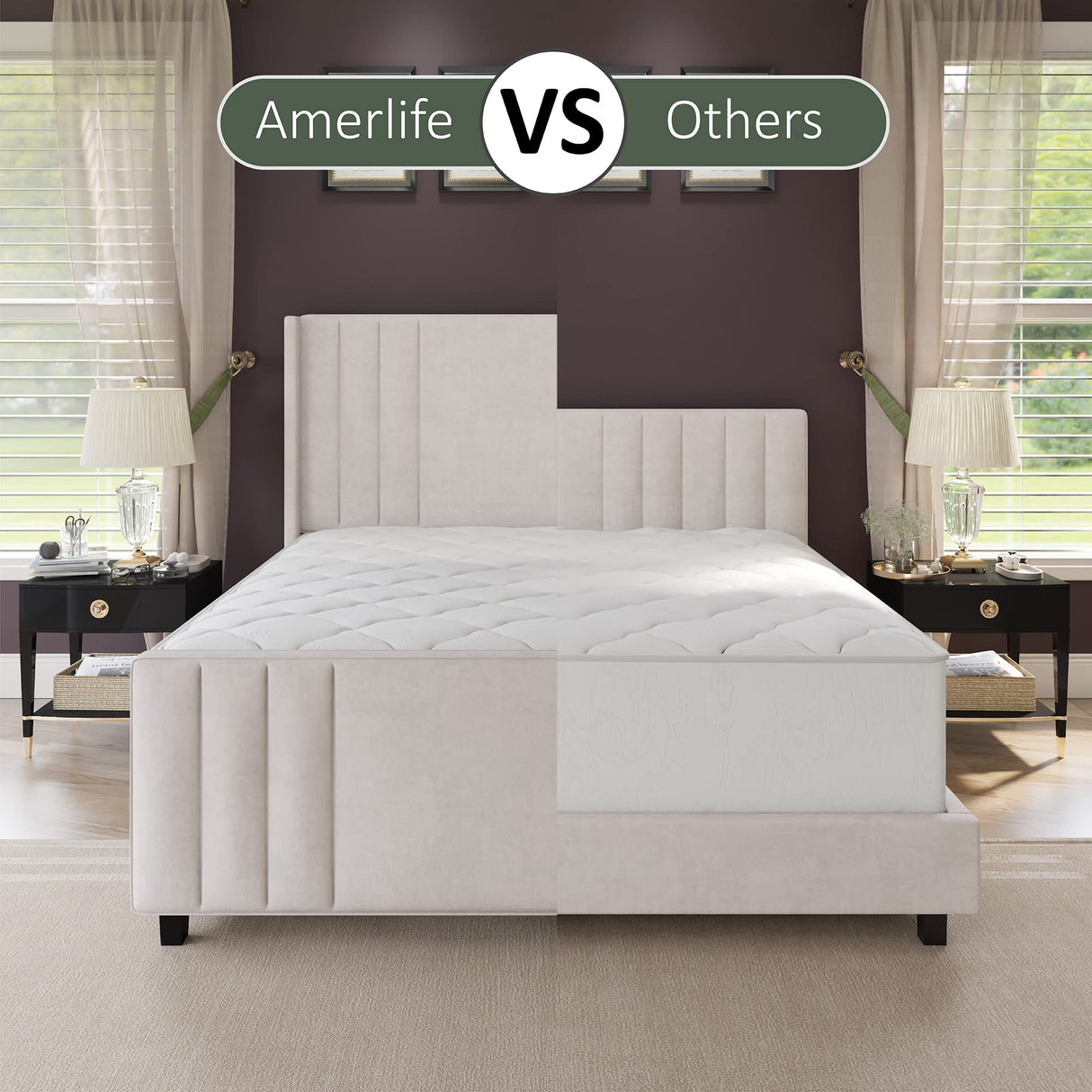 AMERLIFE King Size Bed Frame, Velvet Upholstered Platform Bed with Vertical Channel Tufted Headboard & Footboard/Wingback, Mattress Foundation with Wood Slats, No Box Spring Needed, Cream AMERLIFE