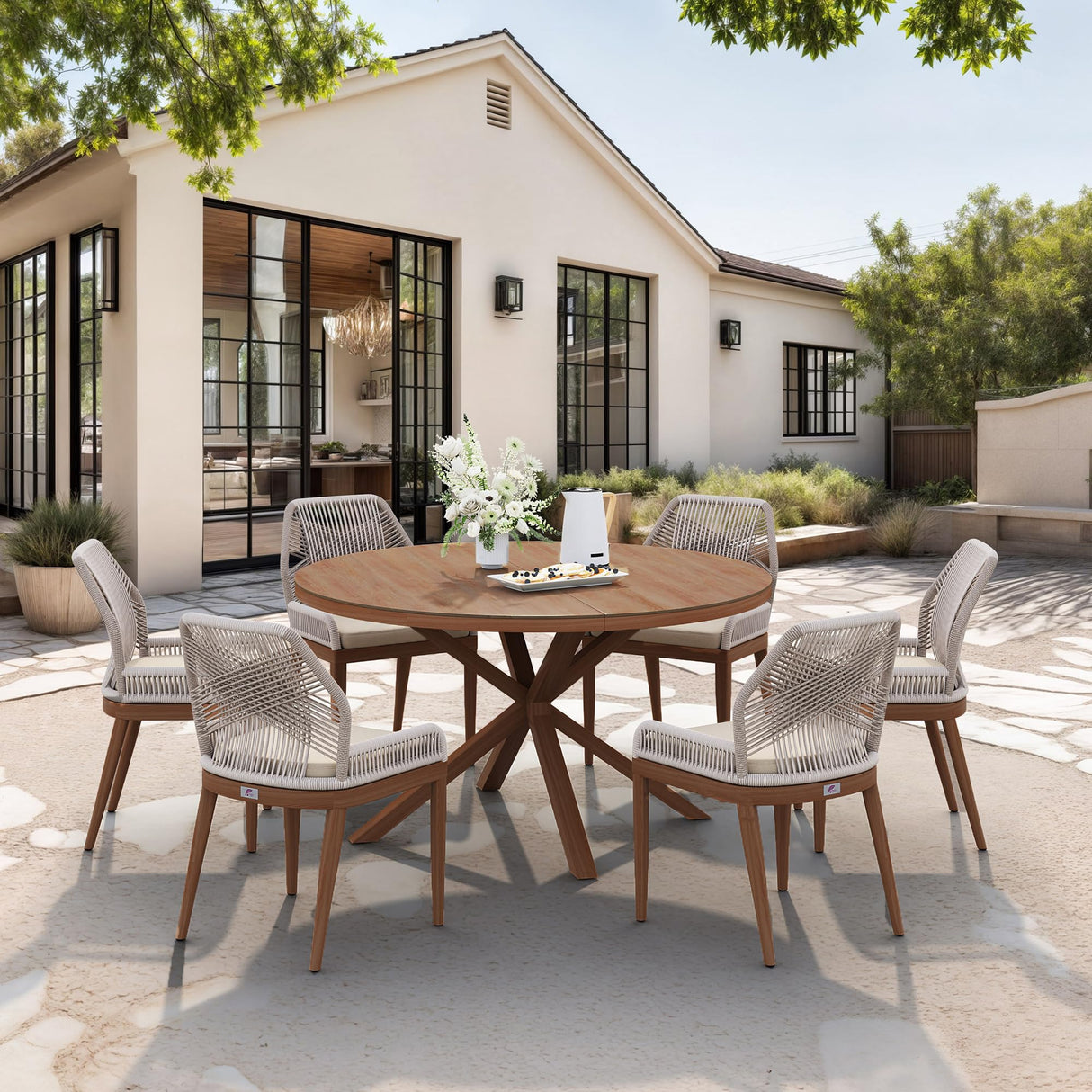 PURPLE LEAF 7 Pieces Round Dining Set Patio Aluminum Modern Round Table and Wicker Chairs with Cushions for Kitchen Backyard Garden Outdoor Furniture Sets PURPLE LEAF