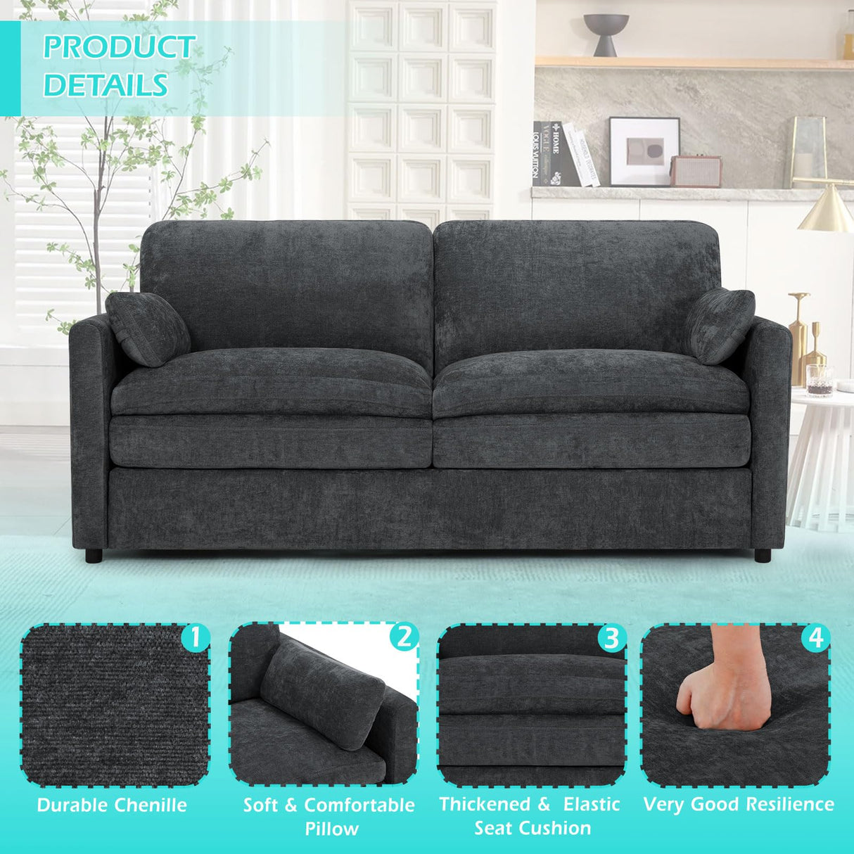 ACMEASE 69” Chenille Loveseat Sofa w/Arm Pillows, Upholstered 2-Seater Sofa w/Comfortable Back Cushions, Modern 2 Seats Couch w/High-Density Foam for Living Room, Apartment, Office, Grey ACMEASE