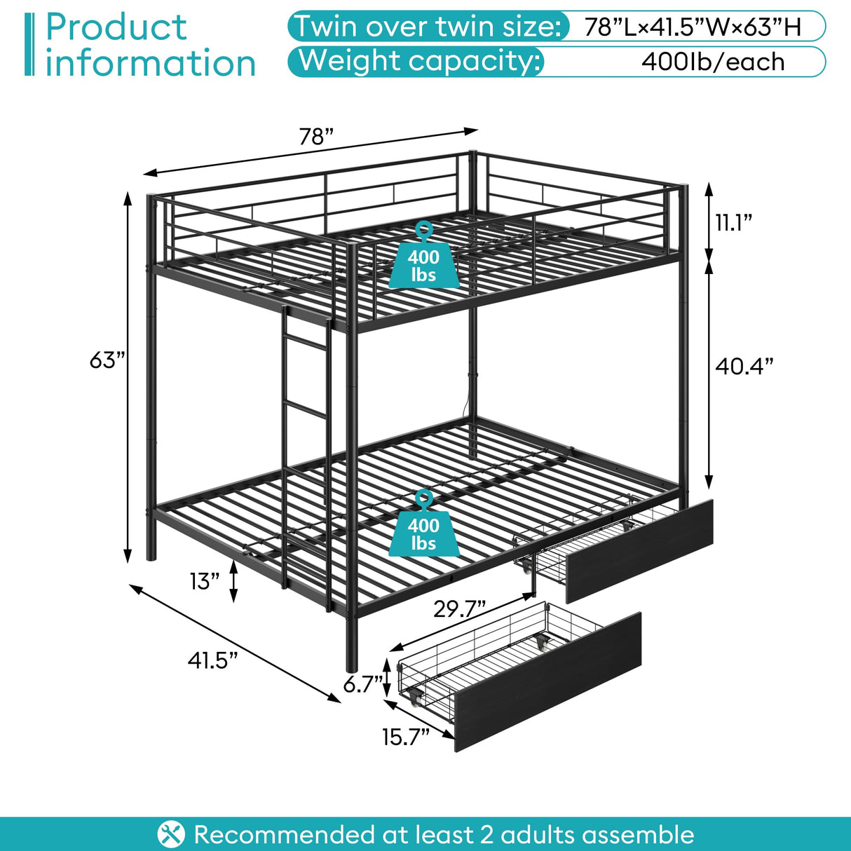Twin Over Twin Metal Bunk Bed with LED Lights, USB Charging Station, 2 Drawers, Guard Rails & Ladder – No Box Spring Needed, Easy Assembly, Black stasado